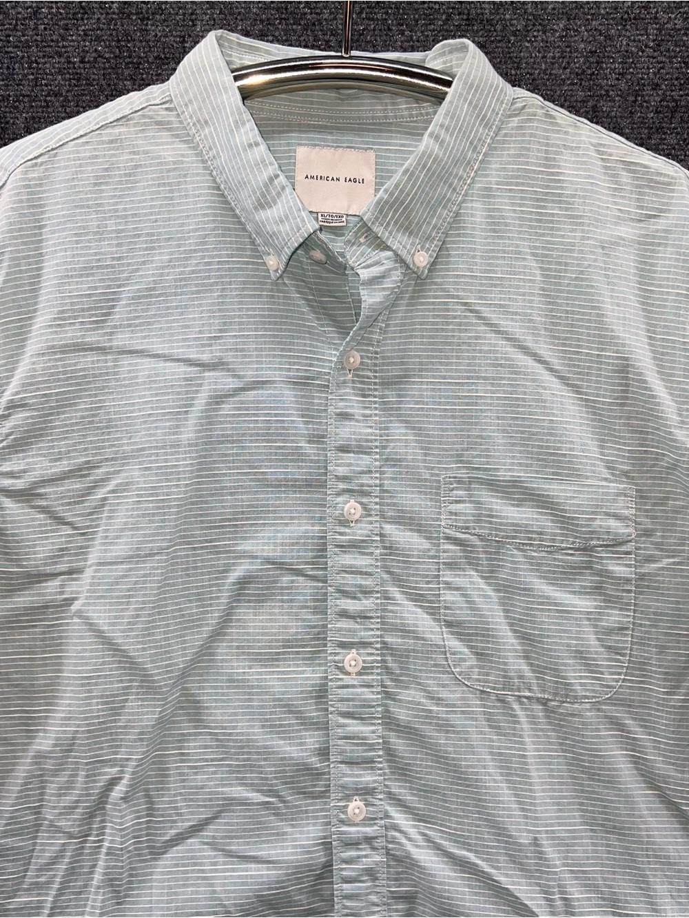 American Eagle Short Sleeve Button Down Shirt XL Teal White Striped Casual Beach
